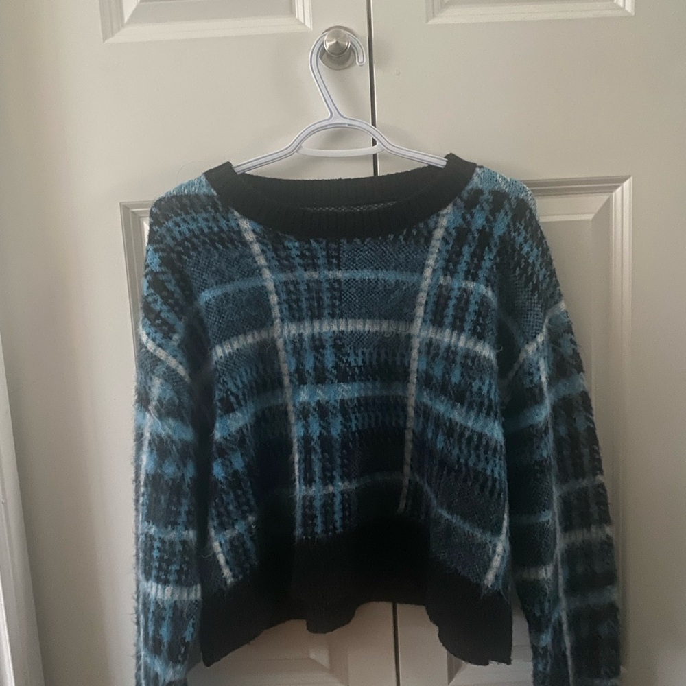 SHEIN Boxy Blue and Black Plaid Fuzzy Sweater